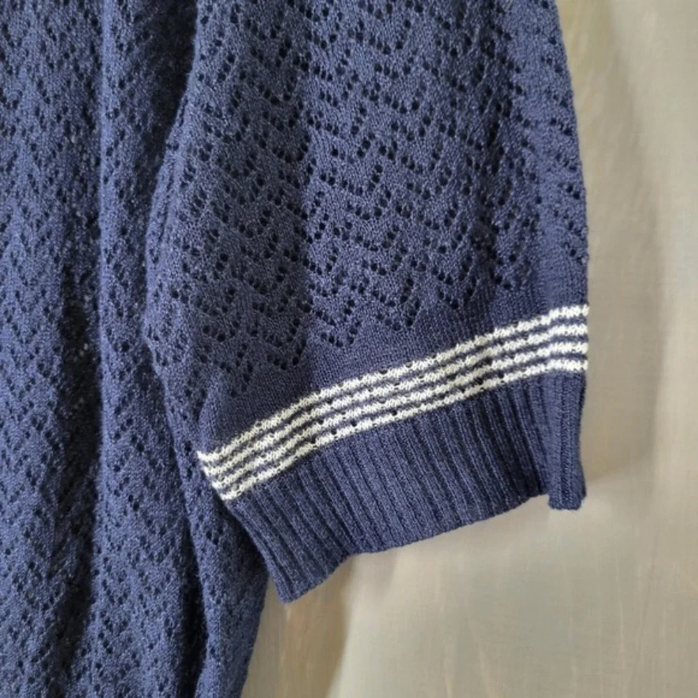 Merona Cardigan Sweater Women 20W/22W Navy Blue‎ Striped Pointelle Open Knit - Picture 5 of 10